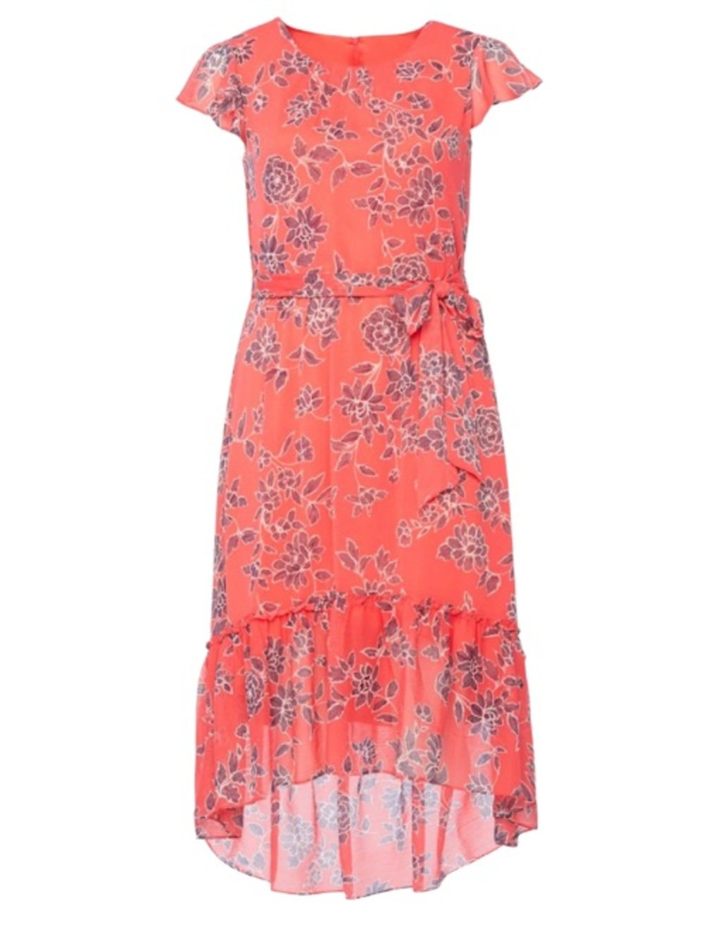 Jessica Howard Coral Floral High-Low Flutter Sleeve Dress. Plus size 14. Midi